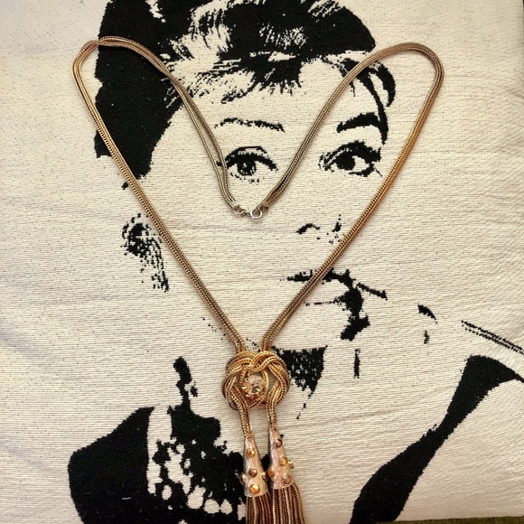Vintage Jewelry - Vintage Gold Crystal Rhinestone Tassel Necklace